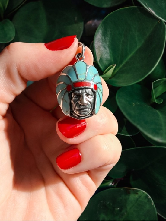 The Golden Rodeo Jewelry - Turquoise Red Coral Native Style Chief Head Pendant | 925 Sterling Silver | New